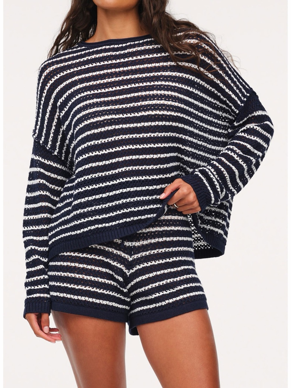 Nuuds Stripe Crochet Sweater and open knit shorts set